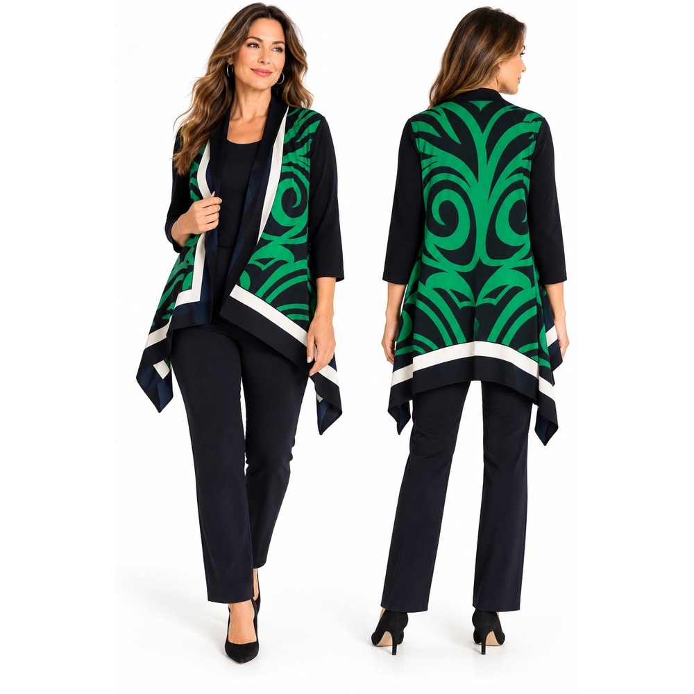 Chicos Travelers Navy Green Scroll Print Sharkbite Cardigan Size 4 XXL 20/22
